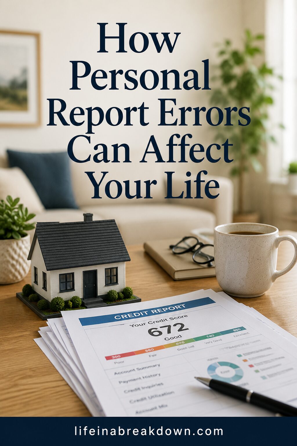 A stack of credit reports, a model house, and a coffee cup on a table, with text: How Personal Report Errors Can Affect Your Life. Website: lifeinabreakdown.com.