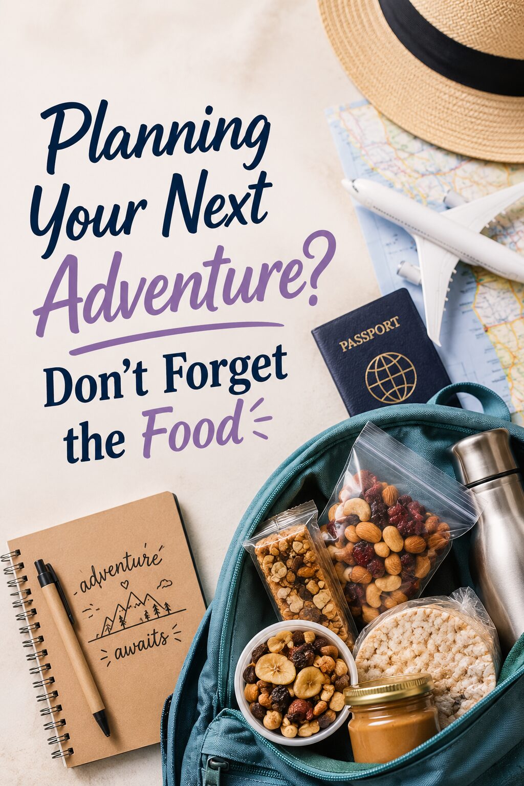 A travel-themed flat lay with a map, passport, hat, toy aeroplane, snacks, notebook, and water bottle. Text reads: Planning your next adventure? Don’t forget the food.
