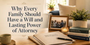A cosy living room scene with a coffee table holding tea, a candle, important documents, pens, stacked books, and a framed family photo. Text reads, Why Every Family Should Have a Will and Lasting Power of Attorney.