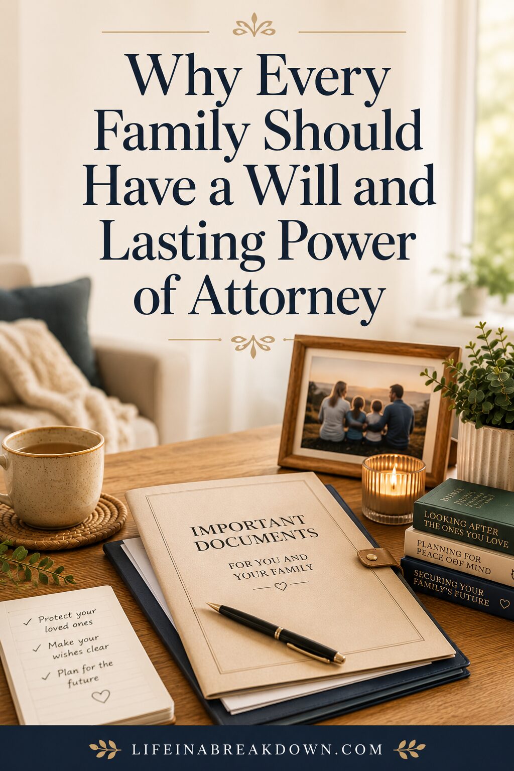 A table with folders labelled “Important Documents,” a framed family photo, a candle, a coffee cup, and a notebook with the words “Protect your loved ones.” Text reads: Why Every Family Should Have a Will and Lasting Power of Attorney.