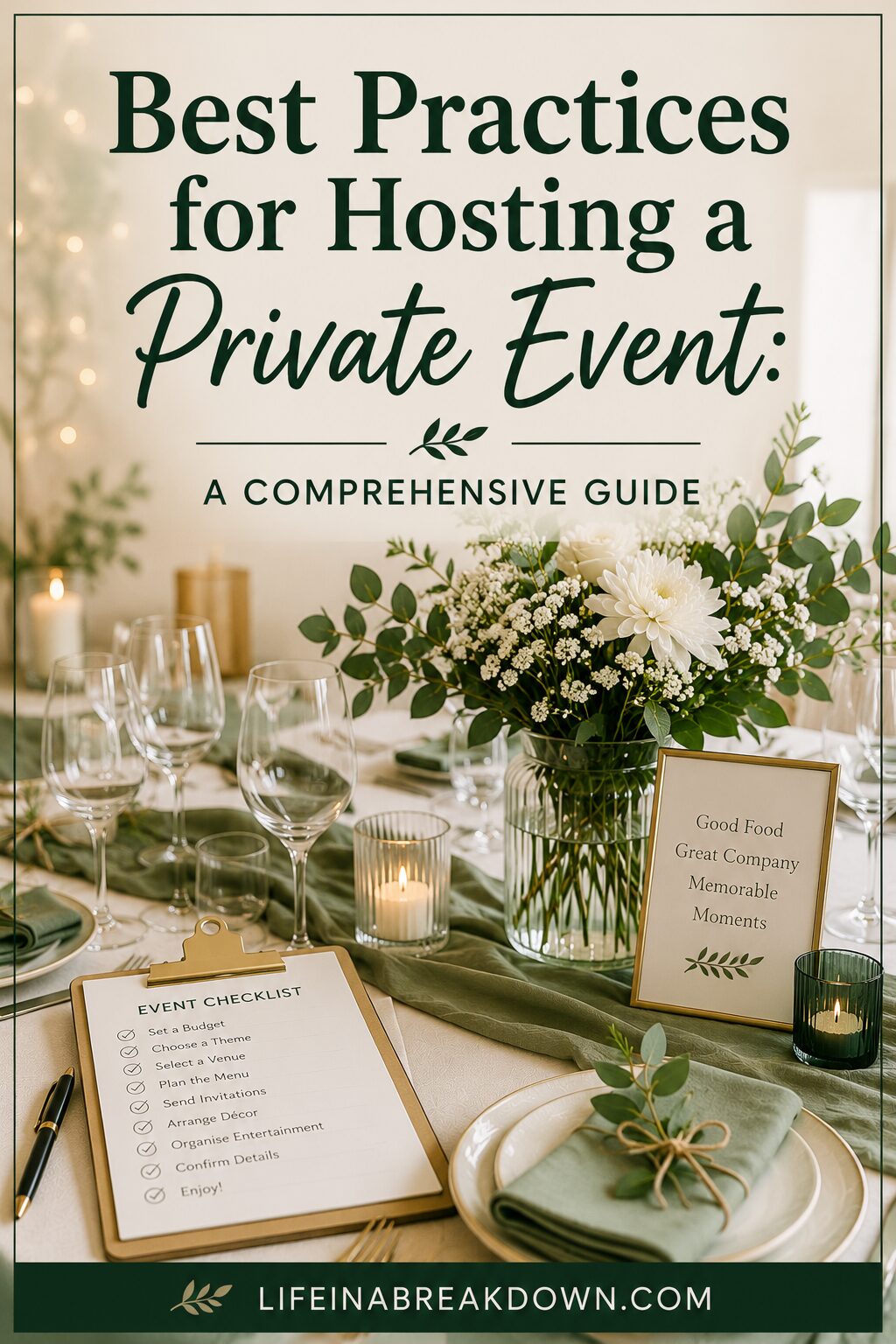 Elegant table set for an event with green serviettes, white flowers, candles, and an event checklist. A framed sign reads, “Good Food, Great Company, Memorable Moments.” Text above promotes event hosting best practices.