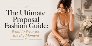 Woman in a silky champagne dress sits on a chair next to a table with flowers. Text reads: “The Ultimate Proposal Fashion Guide: What to Wear for the Big Moment.”.