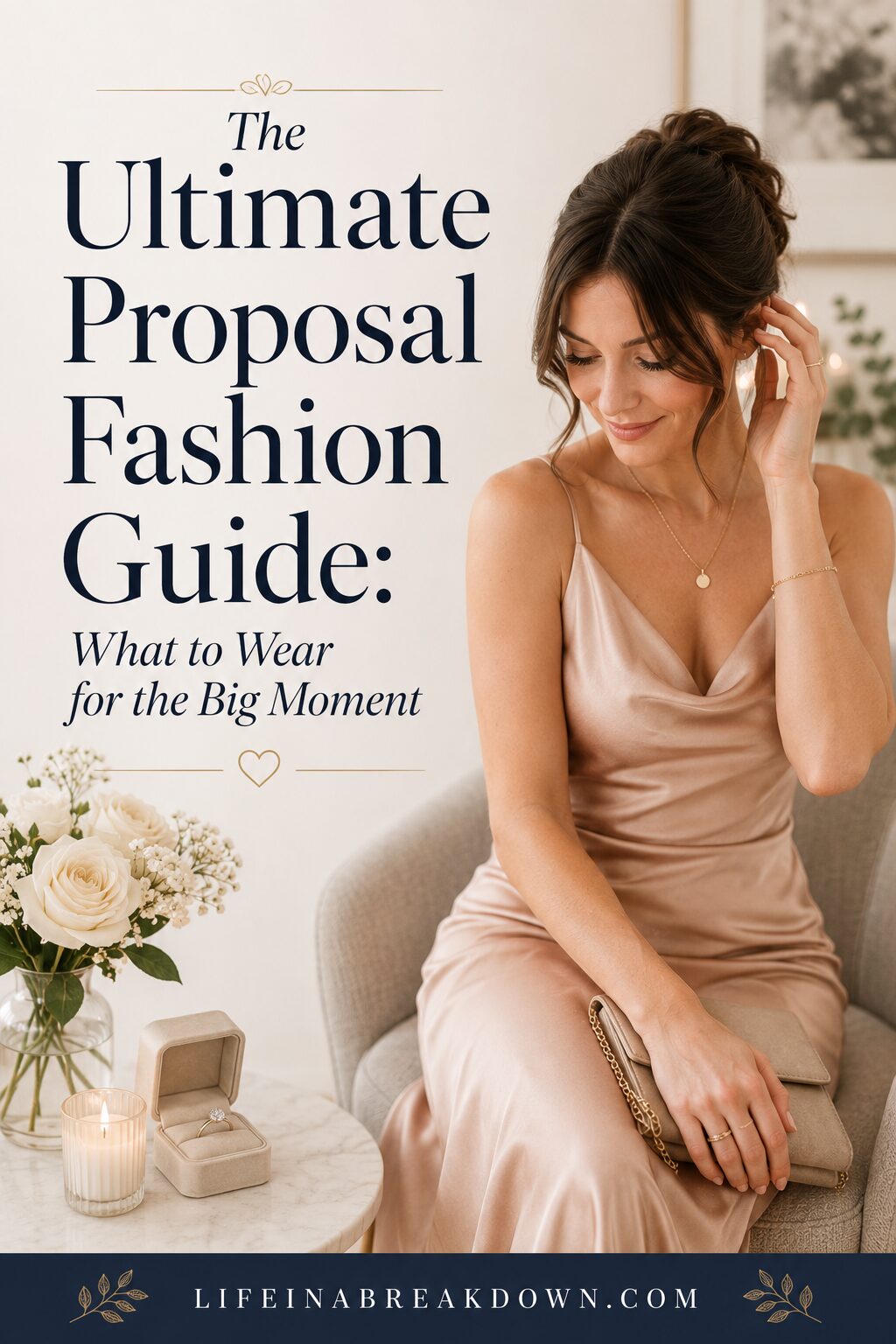 A woman in a silky champagne dress sits on a chair, touching her hair, with a bouquet, jewellery box, and ring box on a table nearby. Text reads: The Ultimate Proposal Fashion Guide: What to Wear for the Big Moment.