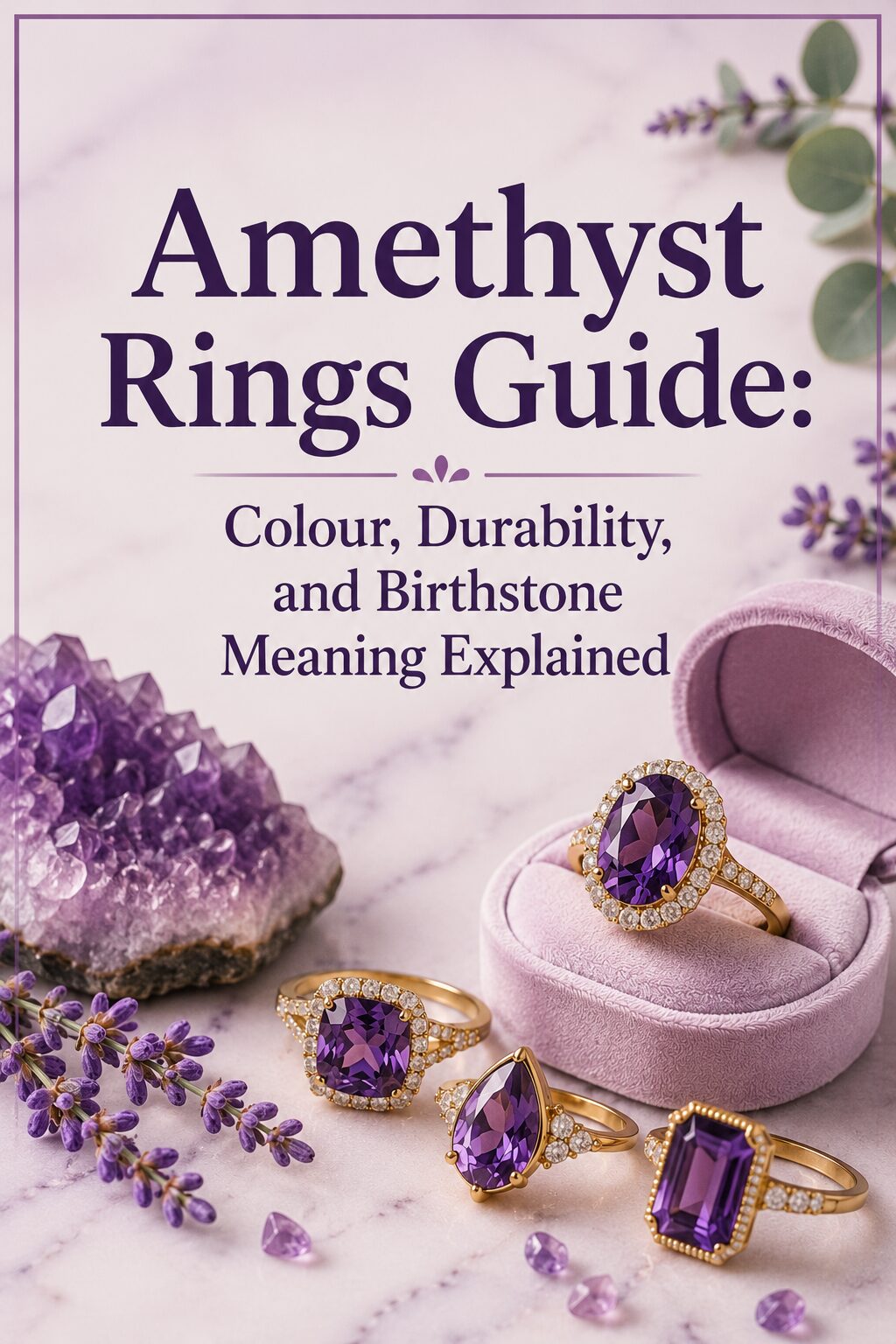 Four gold rings with large amethyst stones are displayed with lavender sprigs, an amethyst crystal, and a velvet ring box on a marble surface. Text reads: Amethyst Rings Guide: Colour, Durability, and Birthstone Meaning Explained.