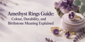 Three gold rings with purple amethyst stones and diamond accents displayed near amethyst crystals, with text: Amethyst Rings Guide: Colour, Durability, and Birthstone Meaning Explained.