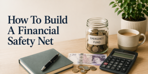 A desk with a jar labelled Emergency Fund filled with coins, a notebook, pen, calculator, cup of coffee, British banknotes and coins, and a potted plant. Text reads: How To Build A Financial Safety Net.