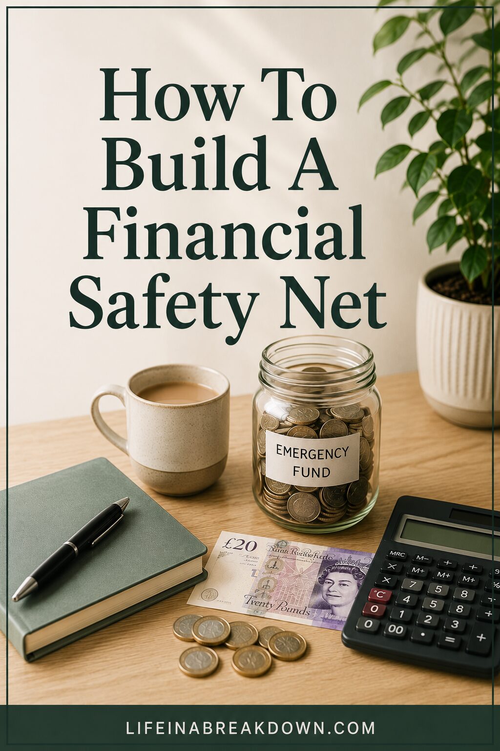 A desk displays a jar labelled Emergency Fund filled with coins, a cup of coffee, a calculator, some British currency, a notebook, and a plant. Text above reads, How To Build A Financial Safety Net.