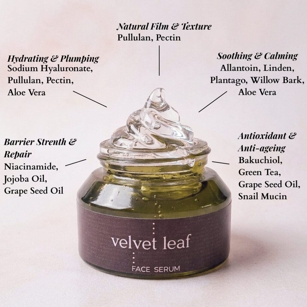 A glass jar labelled velvet leaf face serum filled with clear gel. Text around the jar lists serum benefits, such as hydration, anti-ageing, and soothing, along with key ingredients like aloe vera and jojoba oil.