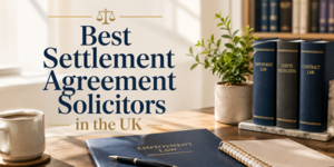 A desk with law books, a plant, a coffee cup, a notebook, and the text Best Settlement Agreement Solicitors in the UK.