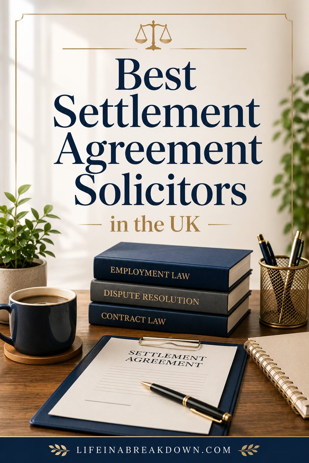 A desk with coffee, pens, plants, and law books. A clipboard labelled Settlement Agreement Solicitors sits in front of a sign reading Best Settlement Agreement Solicitors in the UK.