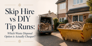 A yellow skip filled with waste sits in a driveway next to a van, outside a suburban house. Text reads: Skip Hire vs DIY Tip Runs: Which Waste Disposal Option is Actually Cheaper?.