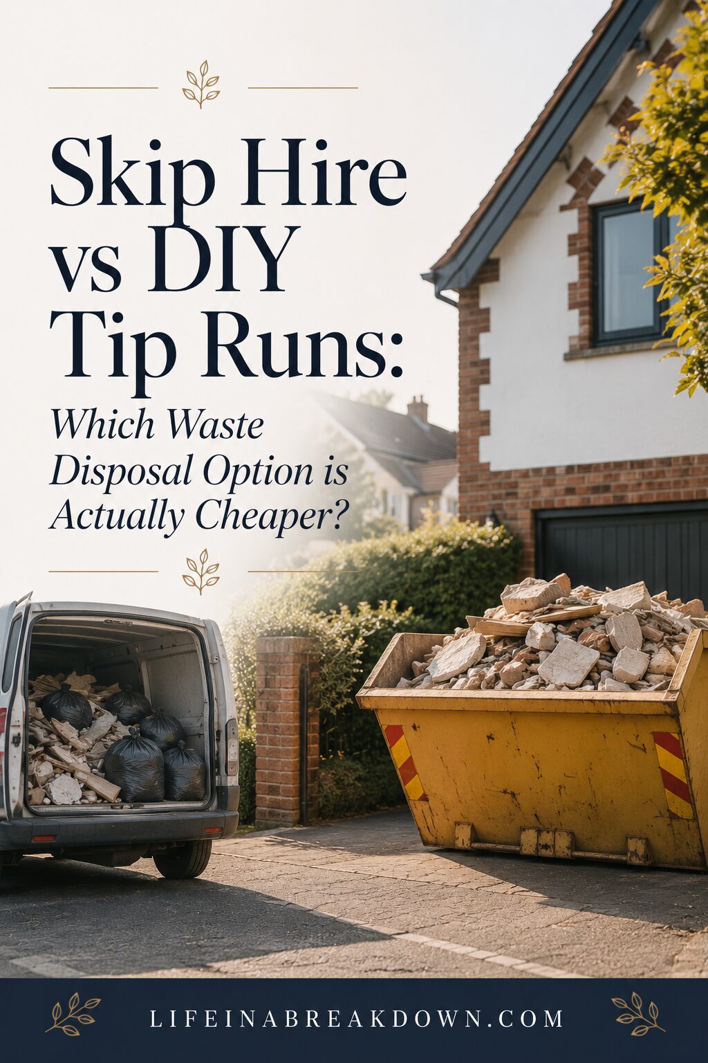 A full yellow skip with rubble sits in a driveway beside a packed car. Text reads: Skip Hire vs DIY Tip Runs: Which Waste Disposal Option is Actually Cheaper? House and trees are in the background.