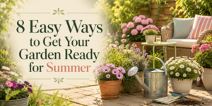 Outdoor garden with flowering plants in pots, a watering can, a wicker sofa with cushions, and the text: “8 Easy Ways to Get Your Garden Ready for Summer” on the left side.