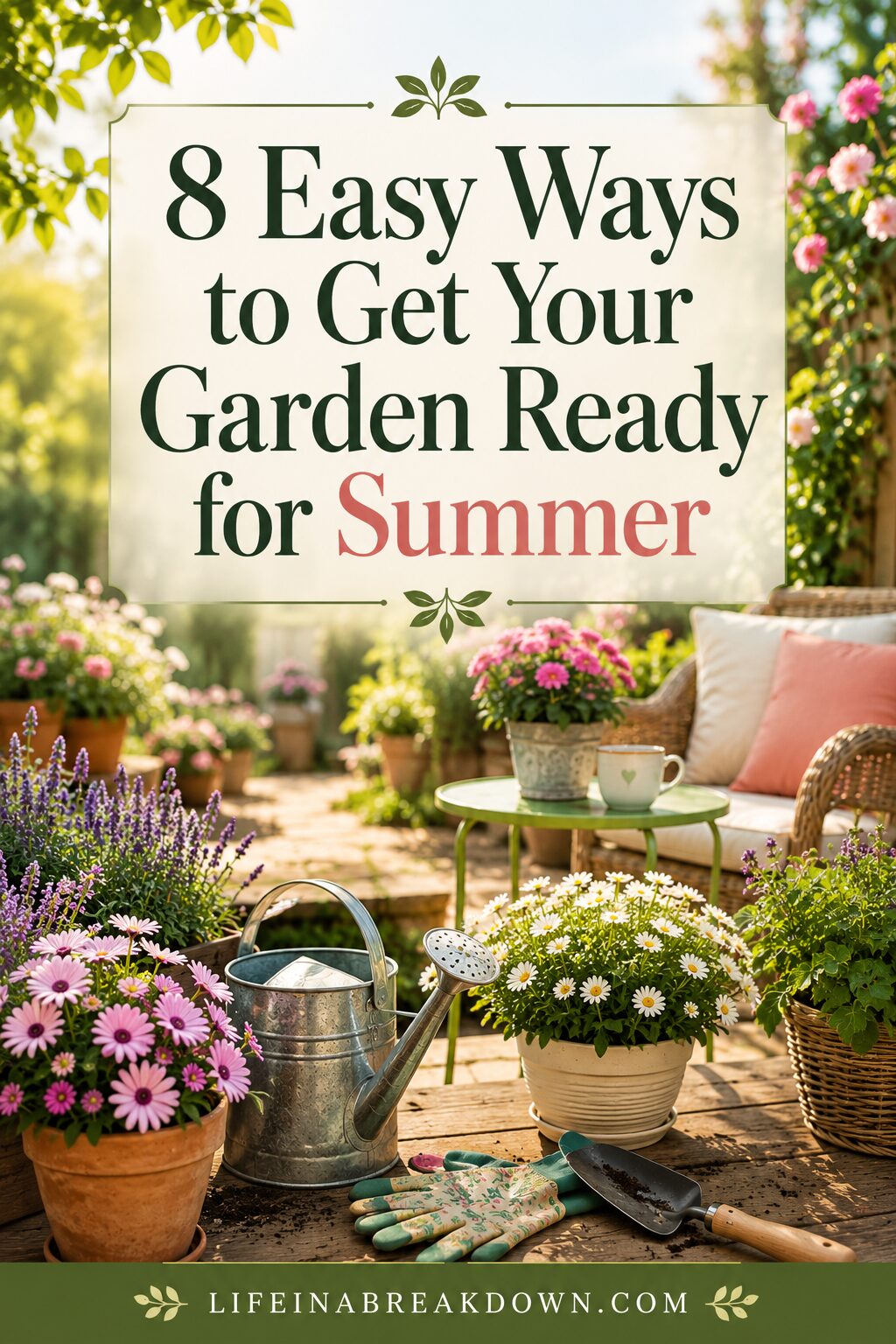 A patio with blooming flowers in pots, a watering can, and gardening tools. Text reads, 8 Easy Ways to Get Your Garden Ready for Summer. A website, lifeinabreakdown.com, is at the bottom.