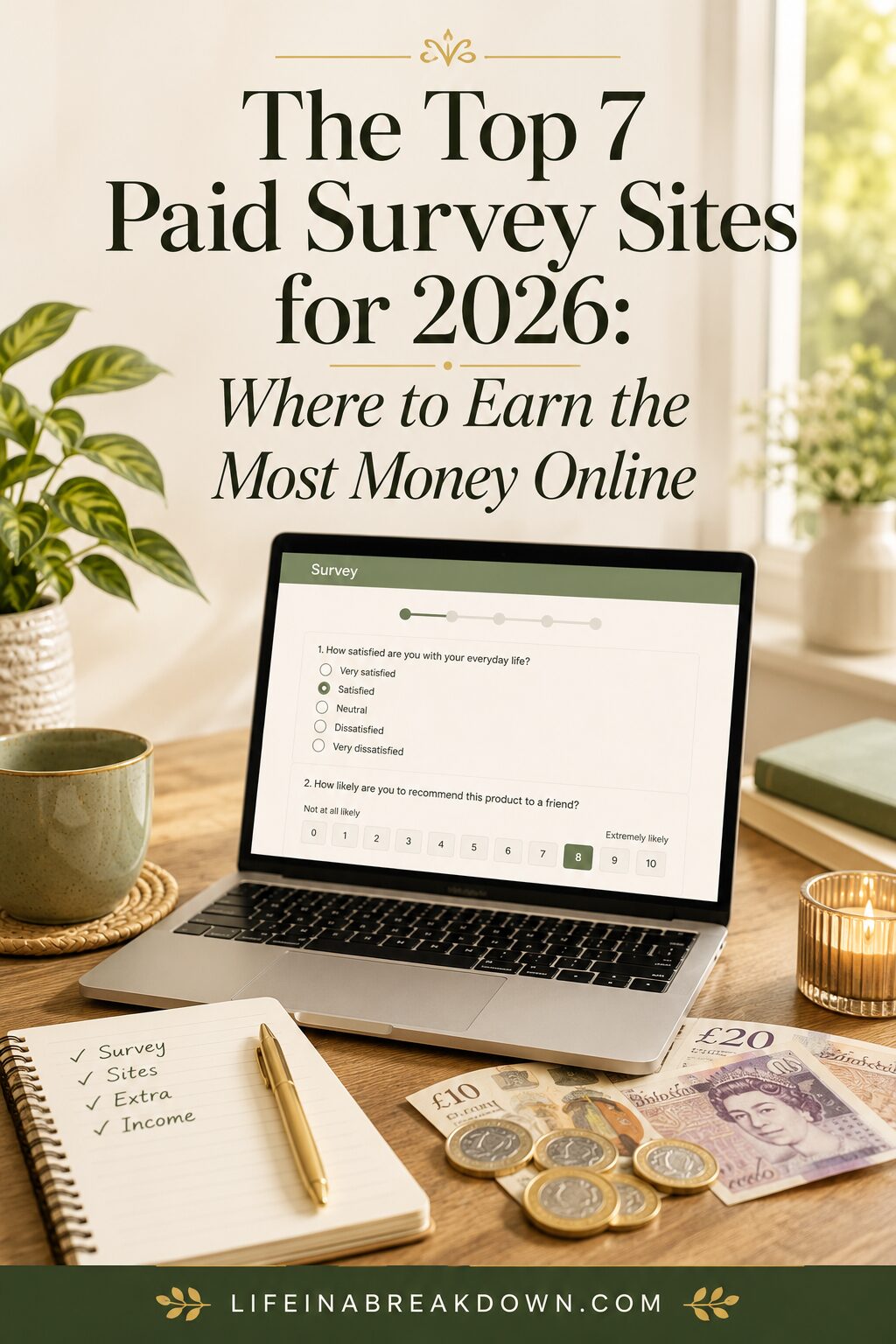A laptop displaying a survey, a notepad, pen, glasses, a plant, coins, and £20 notes on a desk, with the text The Top 7 Paid Survey Sites for 2026: Where to Earn the Most Money Online.