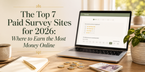 A laptop on a desk displays a survey. Text reads, The Top 7 Paid Survey Sites for 2026: Where to Earn the Most Money Online. Desk items include a notebook, cup, money, and plant.