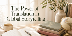 A desk with books, a diary, a cup of coffee, a small globe, and a vase with leaves. Text reads: The Power of Translation in Global Storytelling. Sunlight shines through a window in the background.