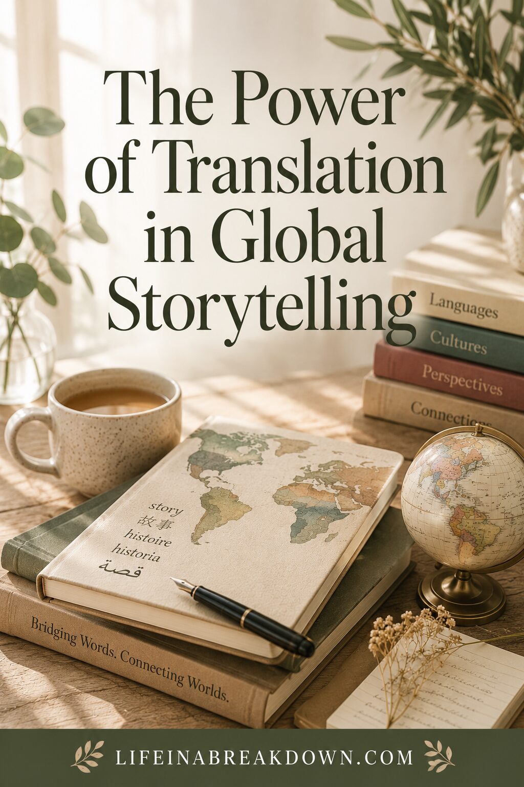 A desk with a coffee cup, world map notebook, globe, books, plant, and text: The Power of Translation in Global Storytelling. Bridging Words. Connecting Worlds. lifeinabreakdown.com.