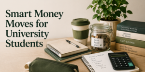 A desk with notebooks, a reusable coffee cup, a plant, a jar labelled Save Plan Live filled with coins, a calculator, eco-friendly books, and a monthly budget planner. Text reads Smart Money Moves for University Students.