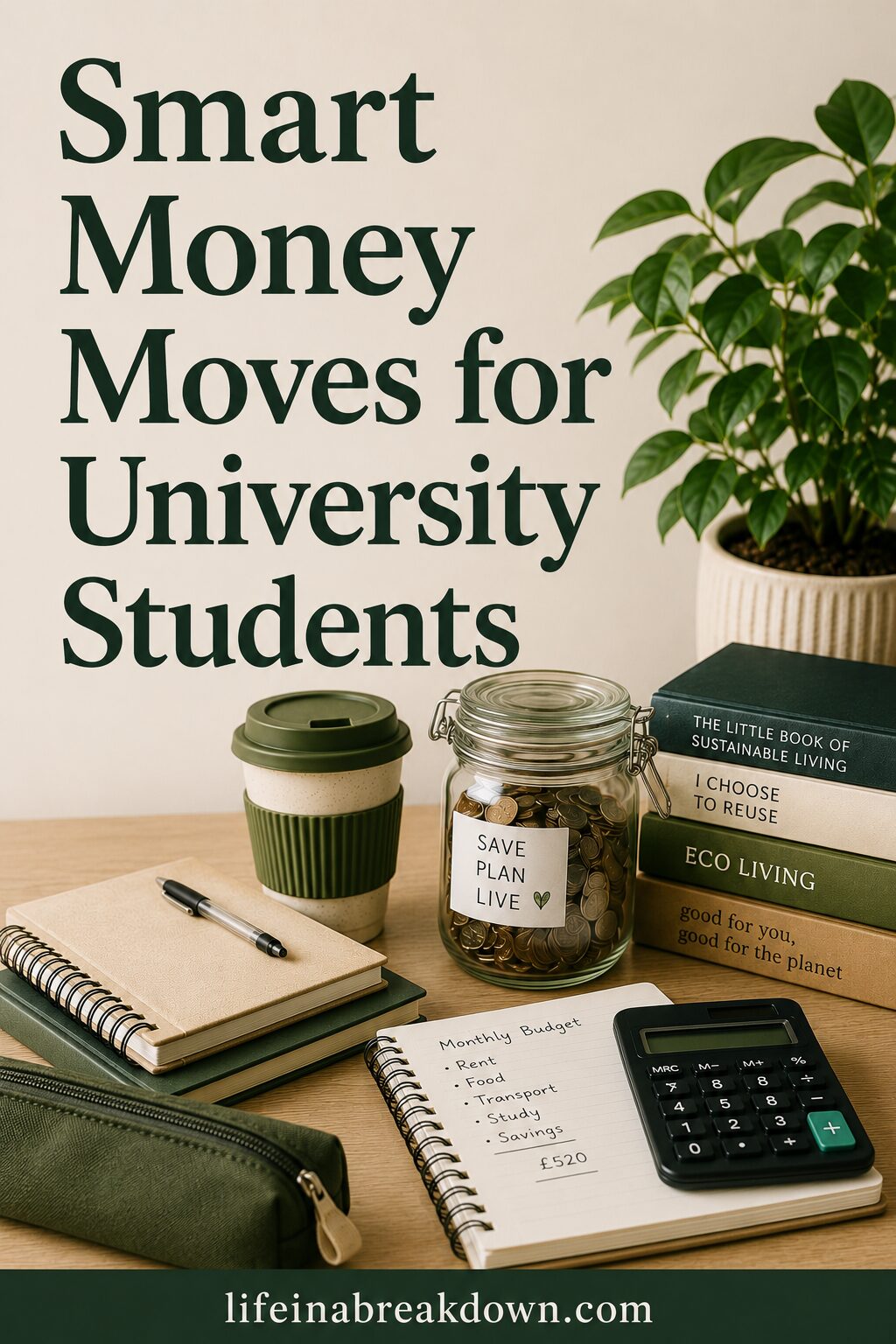A desk with a reusable coffee cup, a jar labelled Save Plan Live filled with coins, notebooks, a pen, a calculator, potted plant, and stacked books. Text reads: Smart Money Moves for University Students.