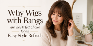 A woman with long, brown wavy hair and fringe touches her hair. The text reads: Why Wigs with Fringe Are the Perfect Choice for an Easy Style Refresh. In the background is a dressing table with a mirror, flowers, and a hairbrush.