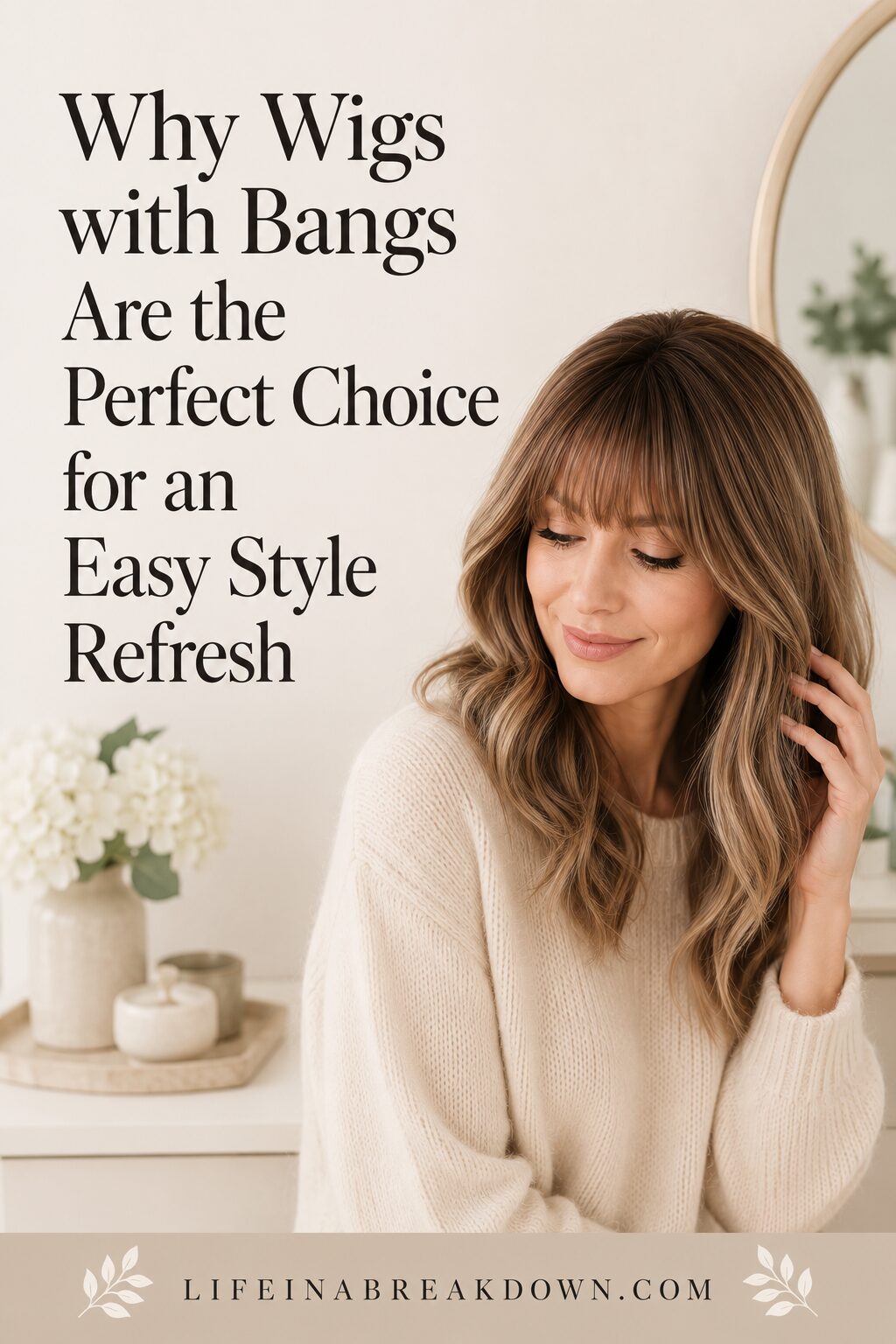 A woman with wavy brown hair and fringe smiles gently, wearing a cream jumper in a softly lit, neutral-toned room. Text reads: “Why Wigs with Fringe Are the Perfect Choice for an Easy Style Refresh.”.