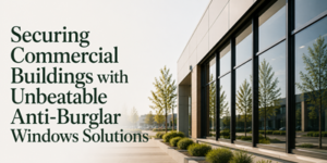 Modern office building with large glass windows and surrounding greenery. The text reads: Securing Commercial Buildings with Unbeatable Anti-Burglar Window Solutions.