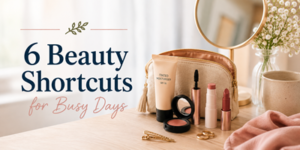 A make-up bag, mirror, and cosmetics on a wooden table with text: 6 Beauty Shortcuts for Busy Days. Small white flowers in a vase are in the background. Soft natural light fills the scene.