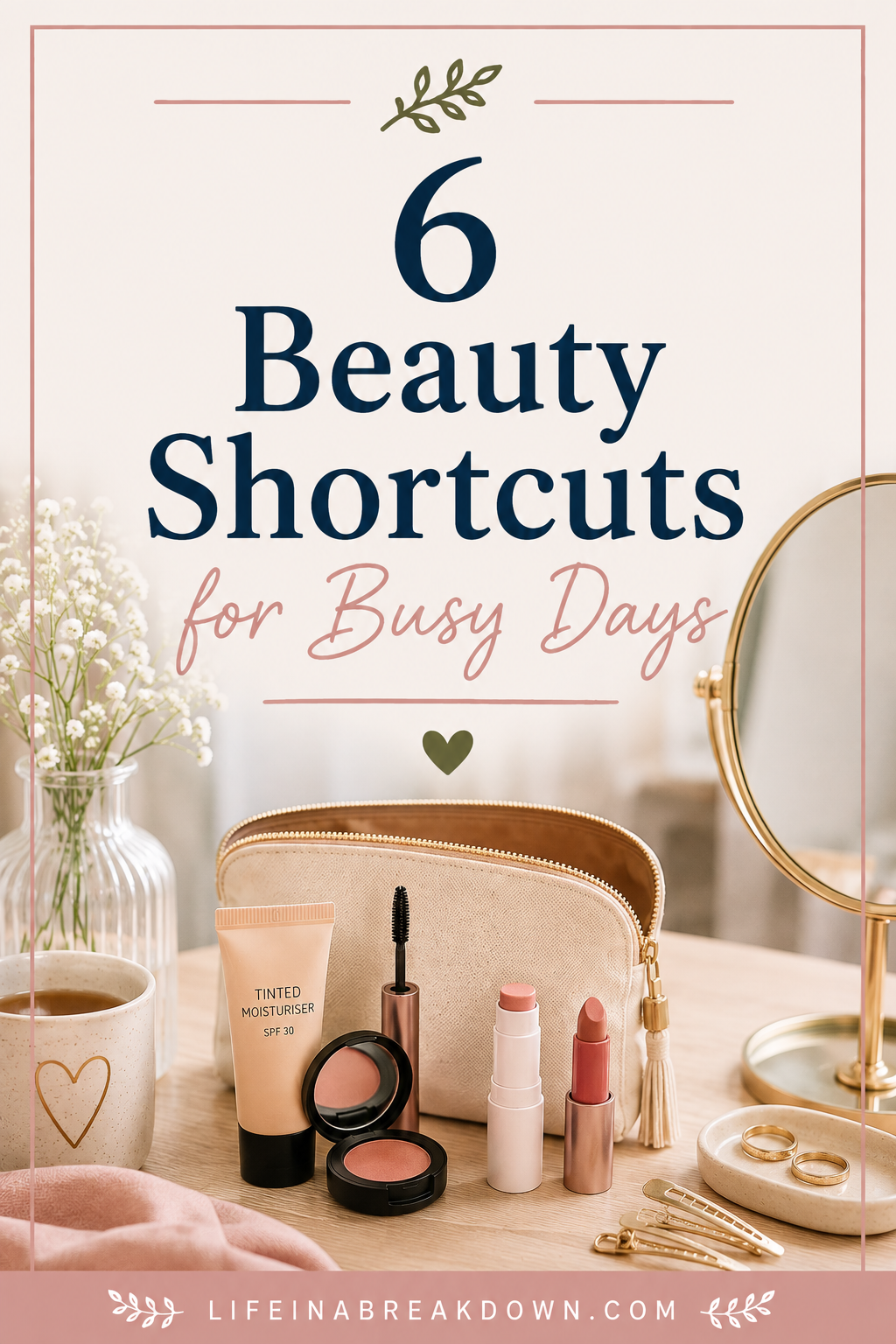 A dressing table with make-up products, a mirror, flowers, and coffee. Text reads 6 Beauty Shortcuts for Busy Days with a website link at the bottom. The scene is feminine and aesthetically arranged.