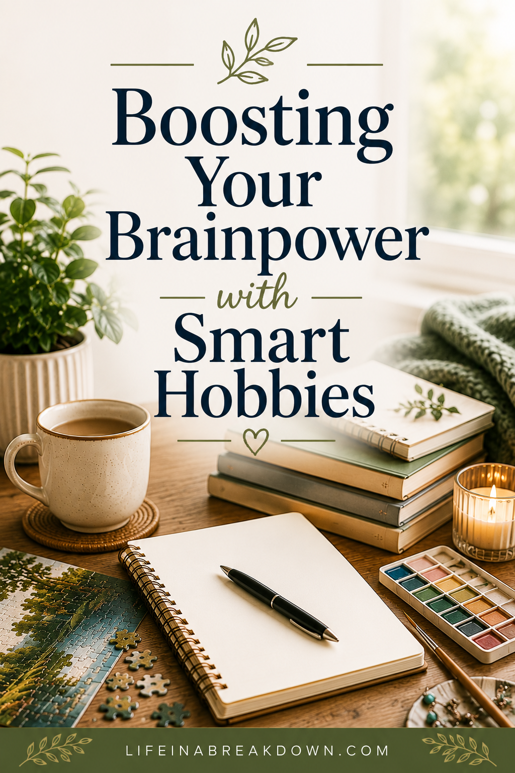 A cosy desk scene with a cup of coffee, a notebook with a pen, books, a candle, a plant, and watercolour paints. Text reads: Boosting Your Brainpower with Smart Hobbies..