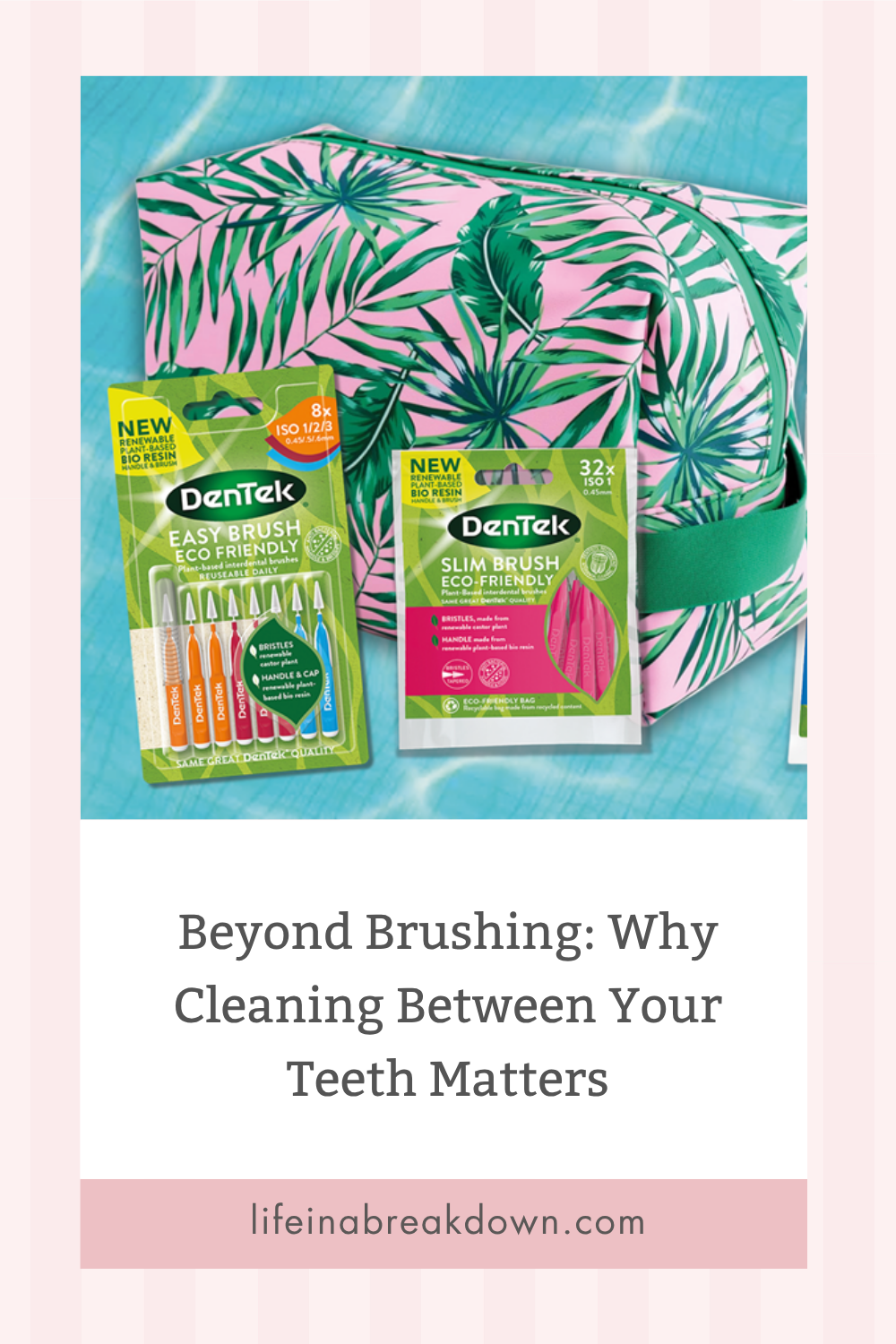 Two packs of DenTek dental brushes sit on a pastel pink and green palm-leaf bag. Text below reads, Beyond Brushing: Why Cleaning Between Your Teeth Matters. Website: lifeinabreakdown.com.