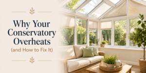 A bright conservatory with wicker furniture and green plants; text reads, Why Your Conservatory Overheats (and How to Fix It).