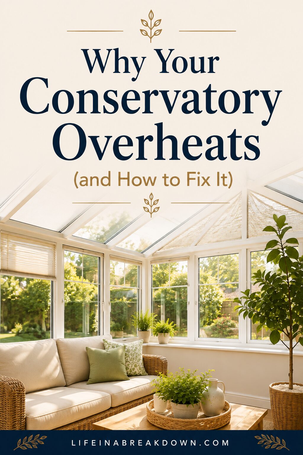 A bright conservatory with large windows, wicker furniture, green plants, and the text Why Your Conservatory Overheats (and How to Fix It) above. Sunlight streams through the glass roof.