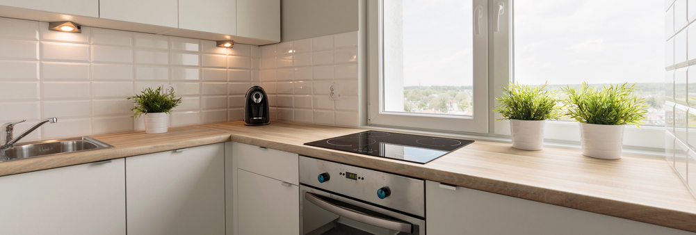 Modern kitchen with white cupboards, wooden worktops, an electric cooker, built-in oven, and three potted green plants on the worktop near a window with a view outside.