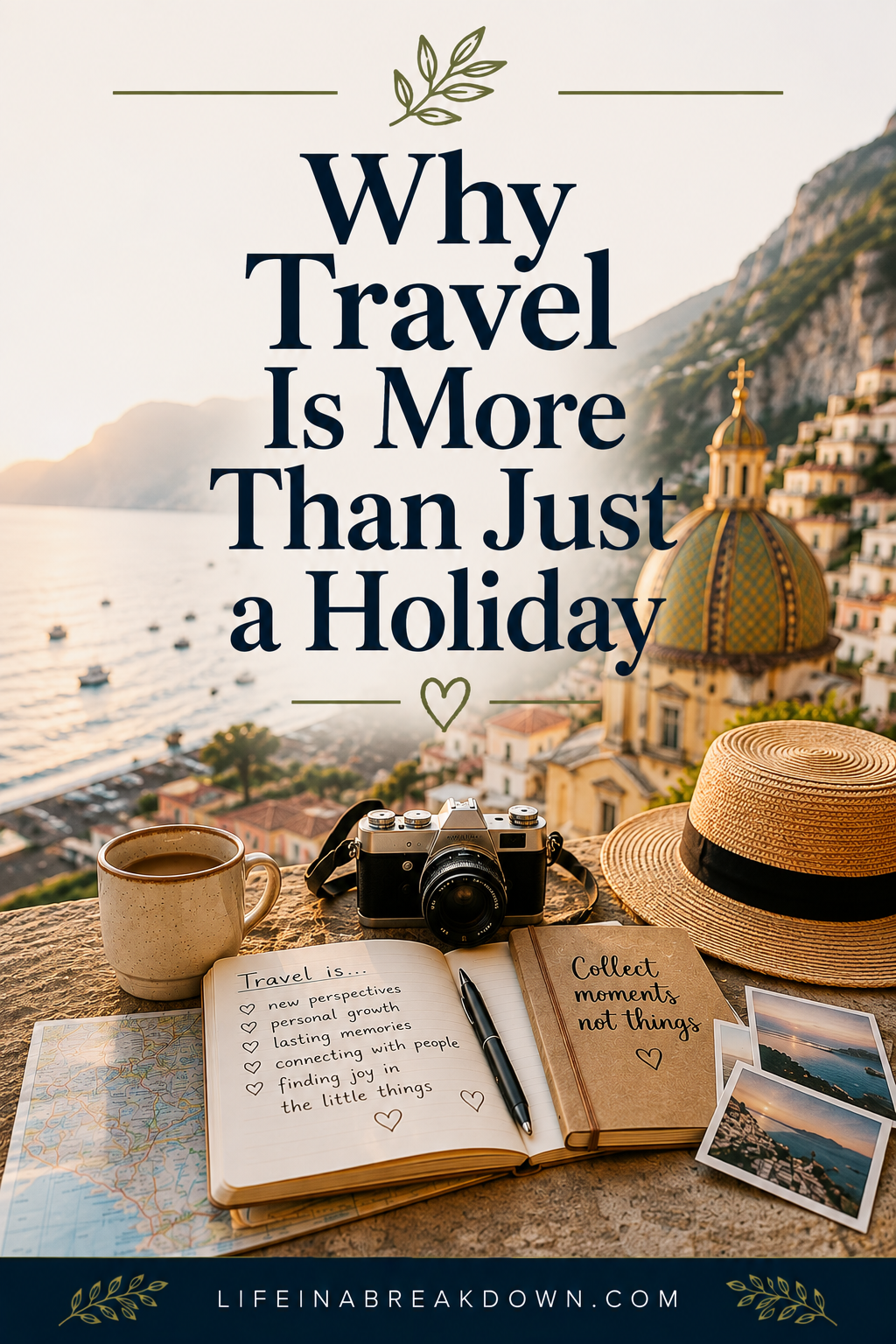 A notebook, camera, coffee cup, and map on a table overlook a coastal town; text reads, Why Travel Is More Than Just a Holiday. Sunlit buildings and sea complete the scenic, inspiring setting.