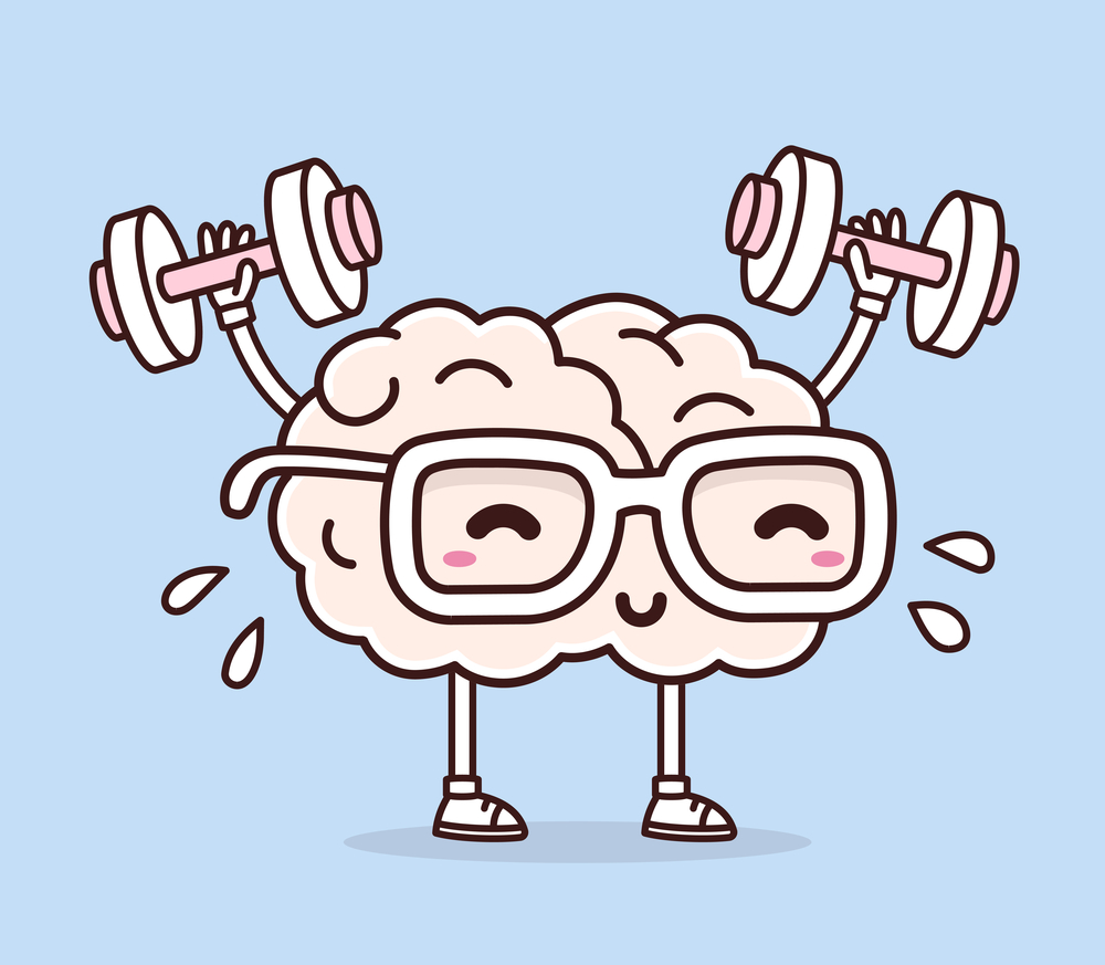 Cartoon brain wearing glasses and trainers, smiling and lifting pink dumbbells with drops of sweat, on a light blue background.