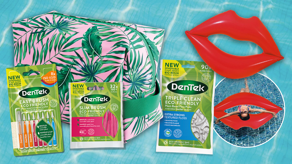 Colourful image of DenTek dental products, a tropical-patterned bag, red lips pool float, and a woman relaxing on a red lips float in a clear blue pool.
