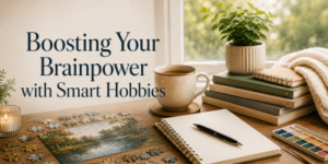 A cosy desk with a mug, notebooks, potted plant, blanket, puzzle pieces, and paint set. Text reads: Boosting Your Brainpower with Smart Hobbies.
