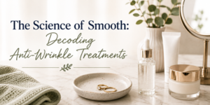 A dressing table with skincare products, a ring dish, and a mirror. Text reads: The Science of Smooth: Decoding Anti-Wrinkle Treatments..