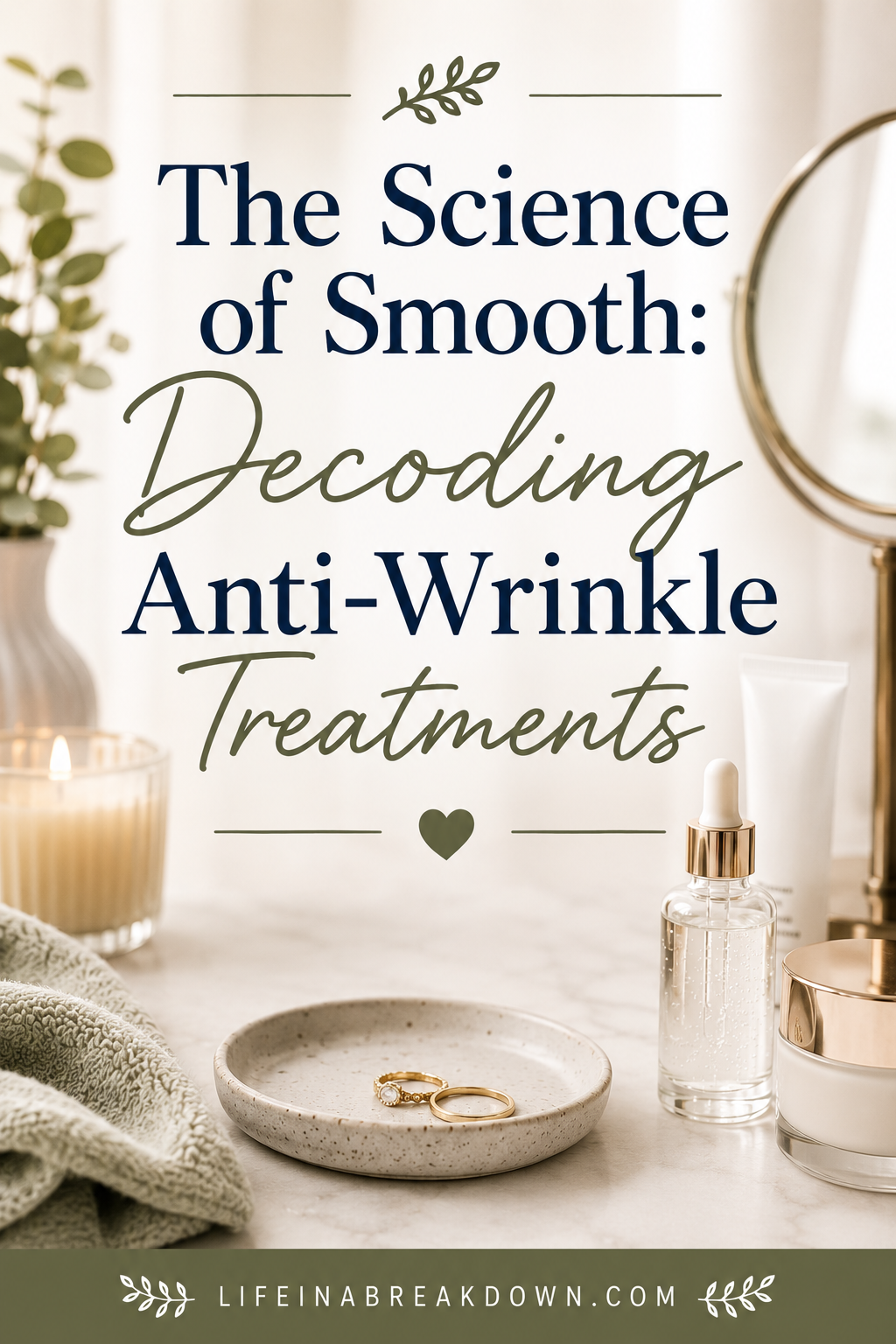 A vanity set-up with a candle, plant, towel, cosmetic bottles, a ring dish, and a mirror, overlaid with the text: The Science of Smooth: Decoding Anti-Wrinkle Treatments.