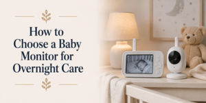 A baby monitor with a screen showing a sleeping baby sits on a cot next to a teddy bear and a lamp. Text reads: How to Choose a Baby Monitor for Overnight Care..