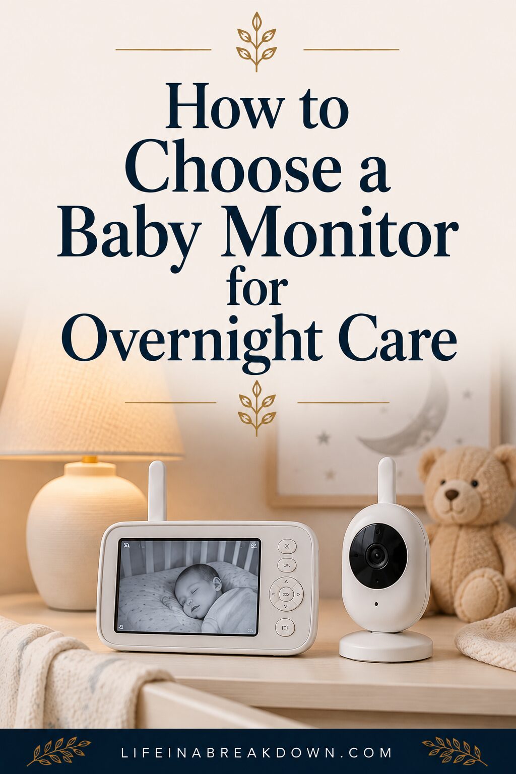 A baby monitor and camera sit on a wooden table next to a lamp and teddy bear. The monitor screen shows a sleeping baby. Text above reads, How to Choose a Baby Monitor for Overnight Care.