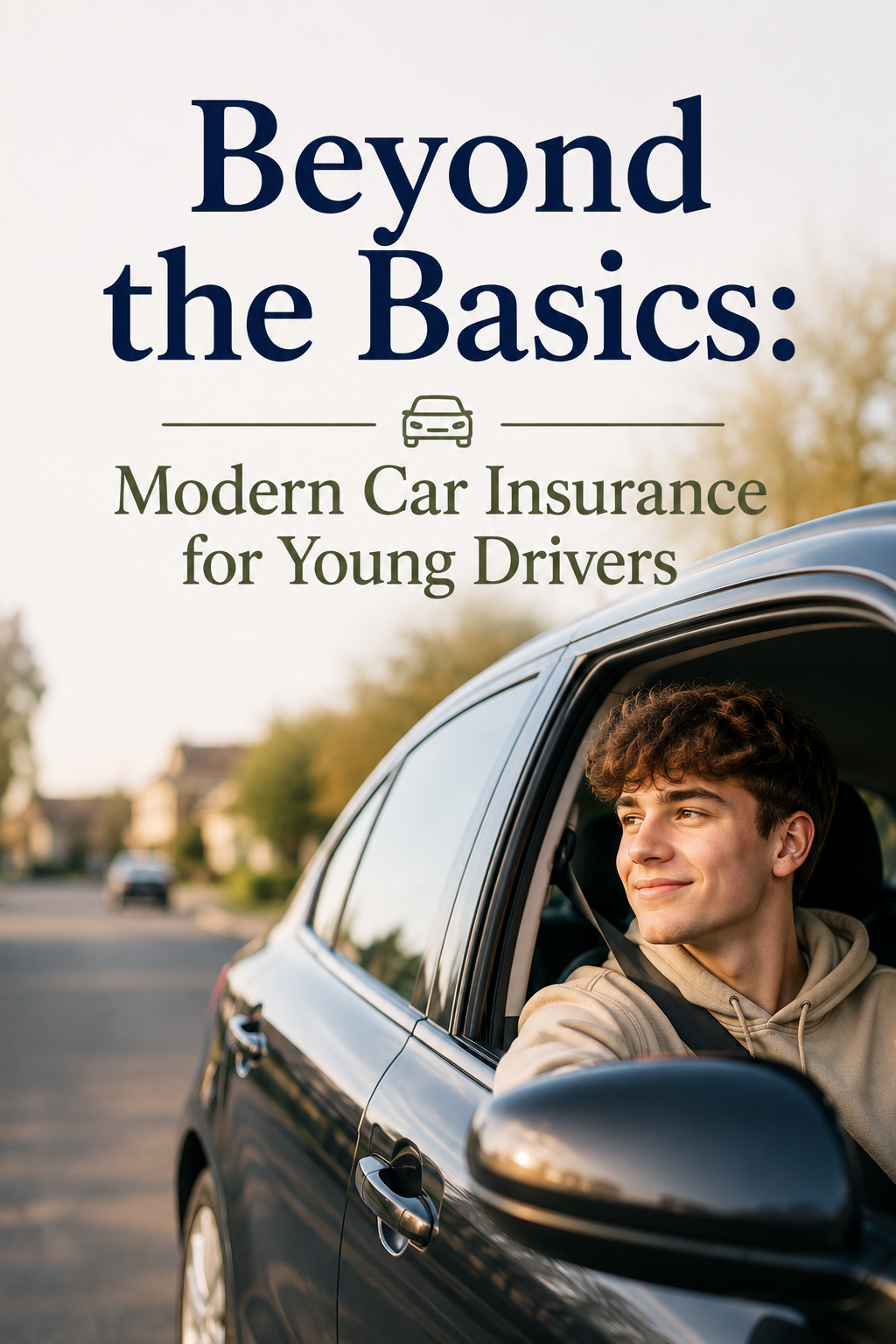 A young man in a car looks out the window and smiles. Text reads: Beyond the Basics: Modern Car Insurance for Young Drivers. The image is bright and has a suburban background.