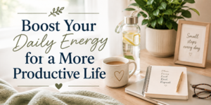 A cosy desk with a coffee mug, water bottle, notebook, and plant. Text reads: Boost Your Daily Energy for a More Productive Life. A framed sign says, Small steps every day..