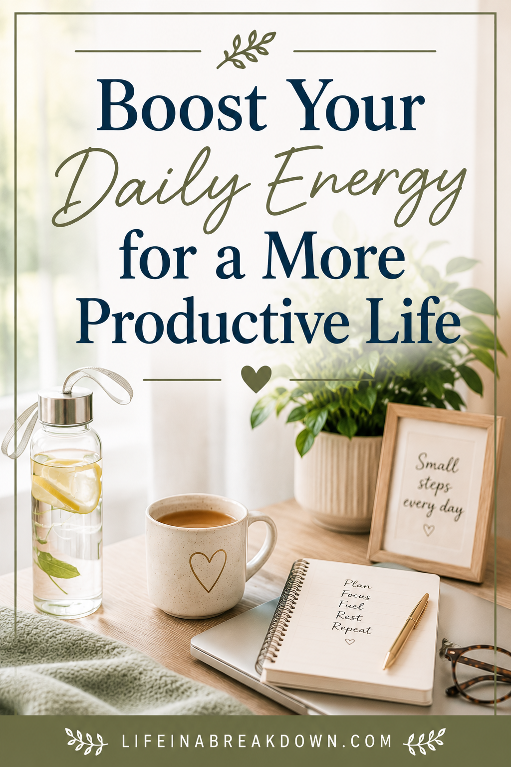 A mug, glass water bottle with lemon, notepad, pen, and framed quote sit on a table with green plants. Text overlay reads, Boost Your Daily Energy for a More Productive Life.