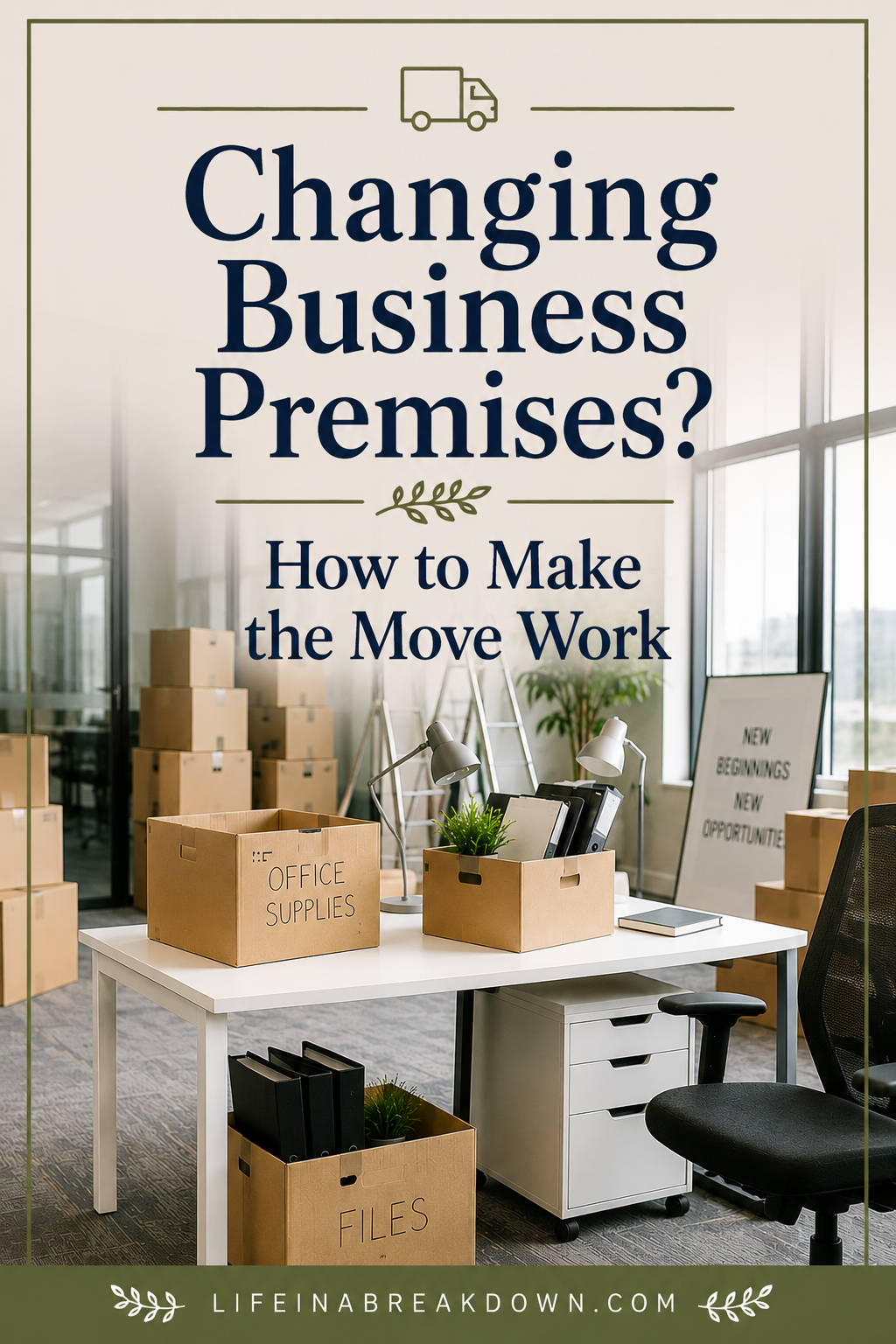 Modern office with moving boxes labelled Office Supplies and Files on a white desk, with chairs, folders, plants, and a sign in the background reading New Beginnings New Opportunities. Large windows provide bright light.