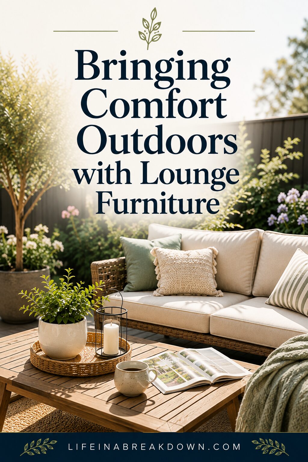 Outdoor lounge area with a beige sofa, green and white cushions, a wooden table with plants, candles, and a magazine. Text reads: Bringing Comfort Outdoors with Lounge Furniture. Garden and plants in background.