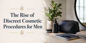 Text reads The Rise of Discreet Cosmetic Procedures for Men. Beside the text are a plant, a shaving kit, a black toiletries bag, and a notebook on a bathroom countertop with a round mirror.