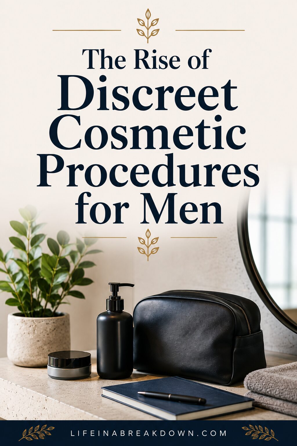 A vanity setup with grooming products, a plant, notebook, and mirror, overlaid with text: The Rise of Discreet Cosmetic Procedures for Men.