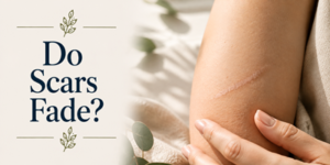 A person touches their arm, which has a visible scar. The text beside the arm reads, Do Scars Fade? with decorative leaves above and below the text.
